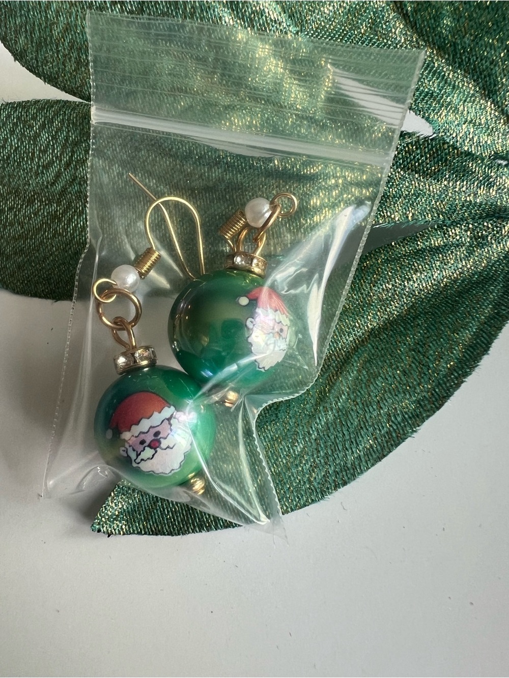 Festive Green Santa Clause Ornament Drop Earrings - Christmas / St Nick - Picture 4 of 4